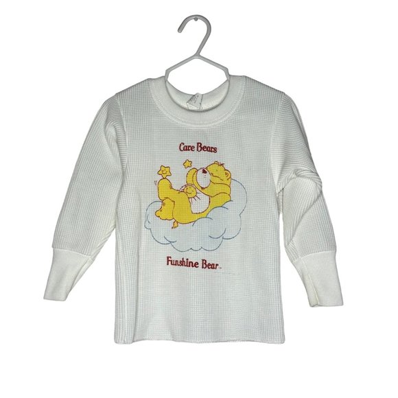 Vintage 80s Care Bears Thermal Long Sleeve Tee White Funshine Bear Cloud Size 2T - Picture 1 of 8
